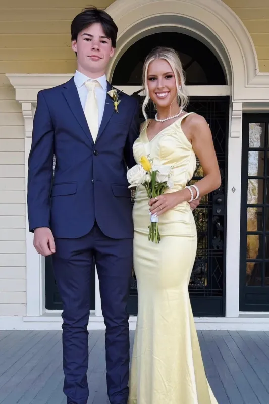 Bliss | Yellow Mermaid Satin V Neck Long Party Dress sold by KissProm