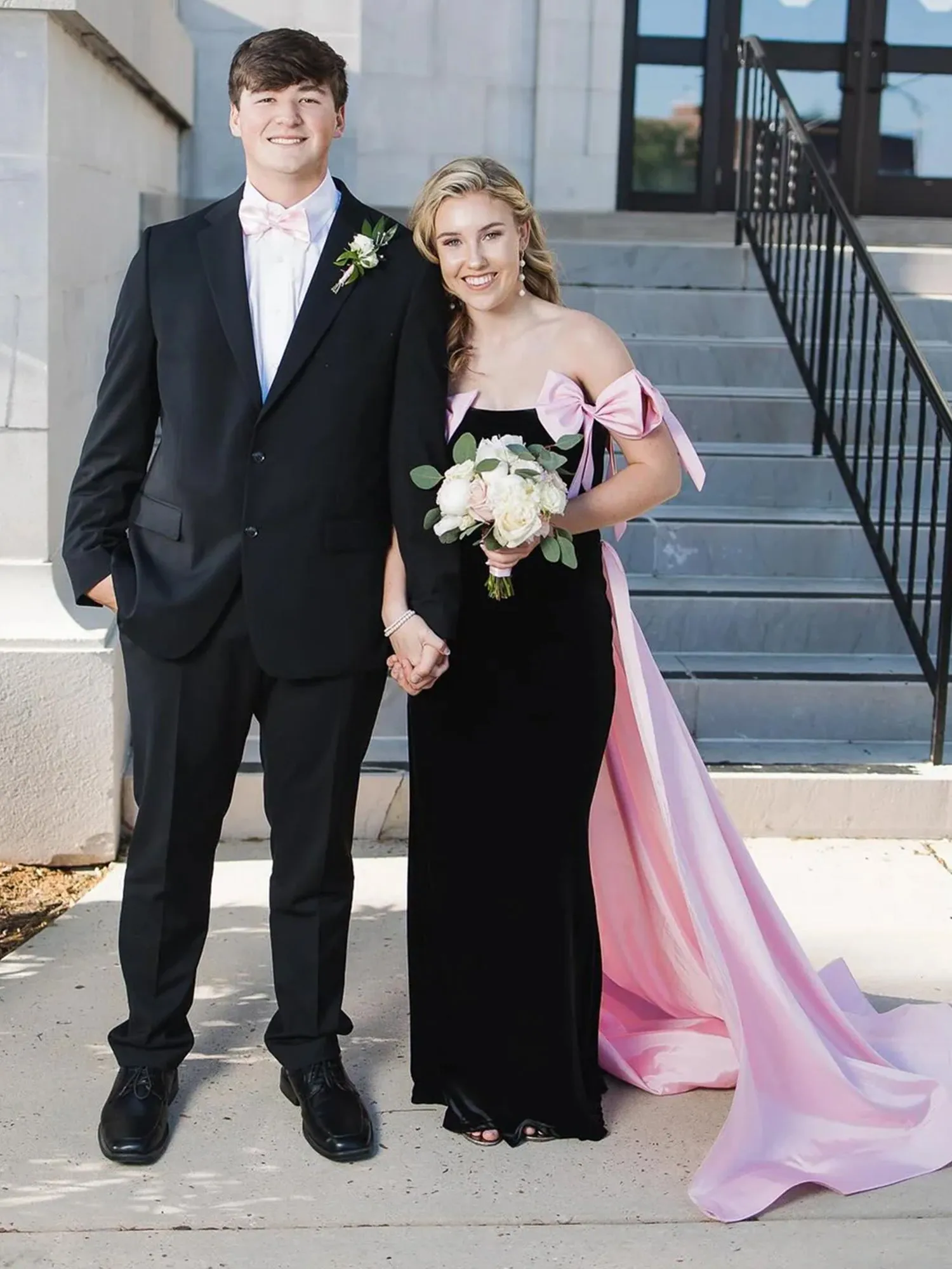 Zia | Off the Shoulder Black Long Formal Dress with Pink Bows sold by KissProm product image thumbnail 3