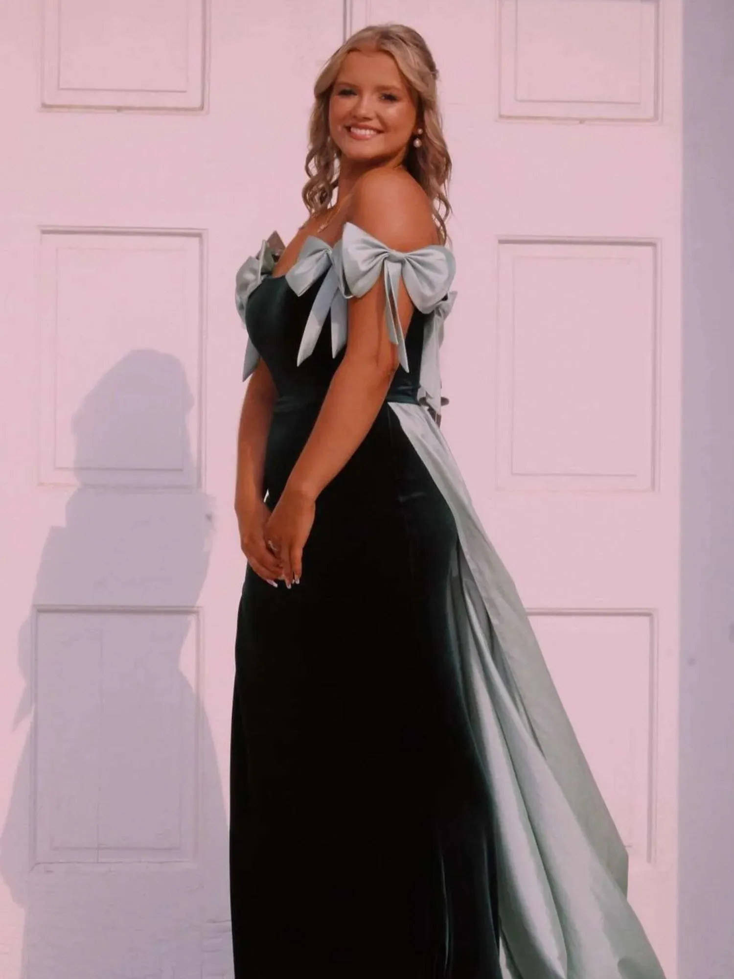 Zia | Off the Shoulder Black Long Formal Dress with Pink Bows sold by KissProm product image thumbnail 4