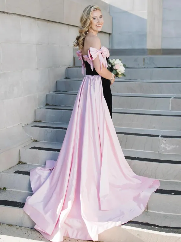 Zia | Off the Shoulder Black Long Formal Dress with Pink Bows sold by KissProm