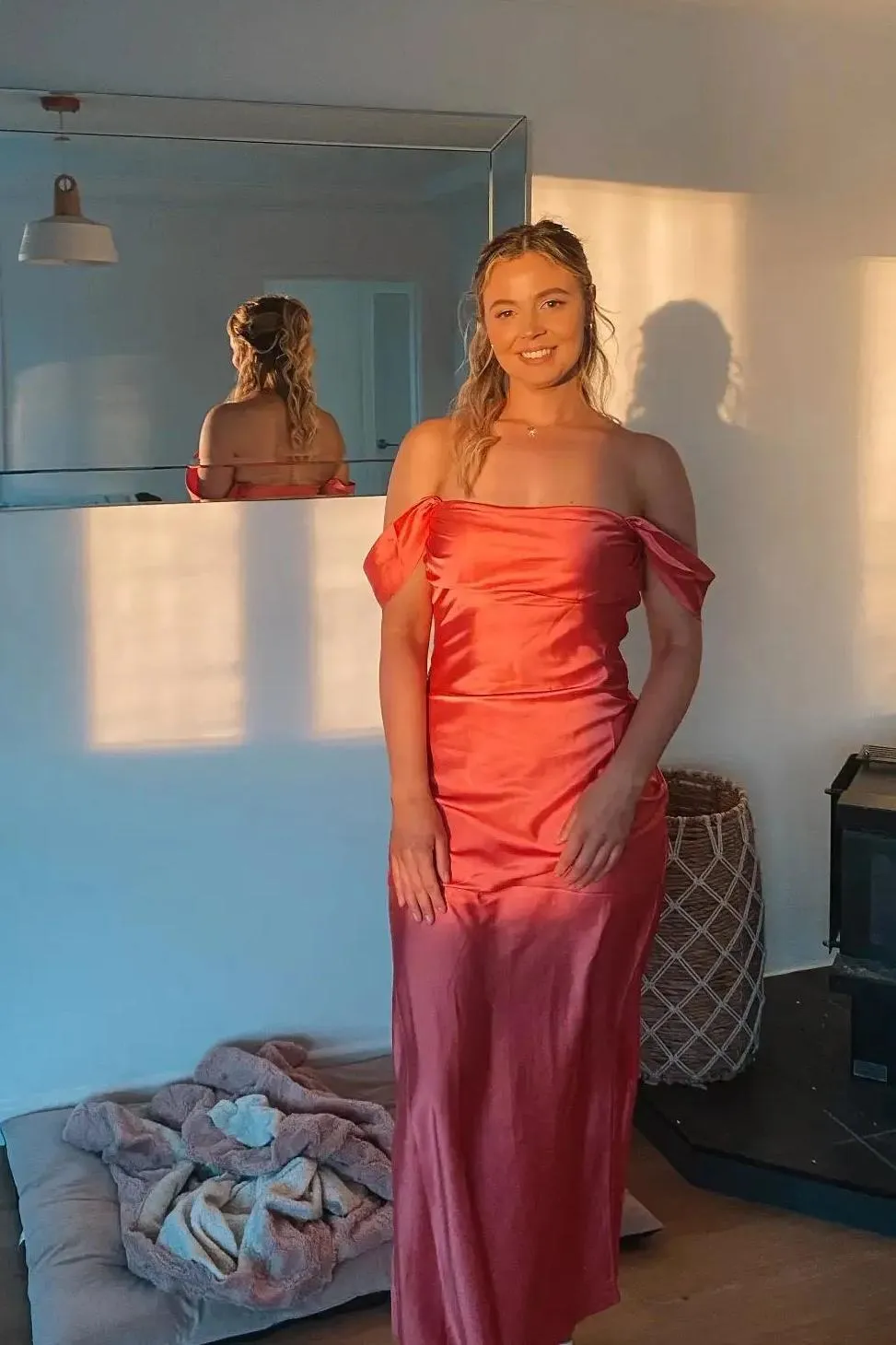 Marquina | Off the Shoulder Coral Mermaid Satin Long Party Dress sold by KissProm product image thumbnail 3