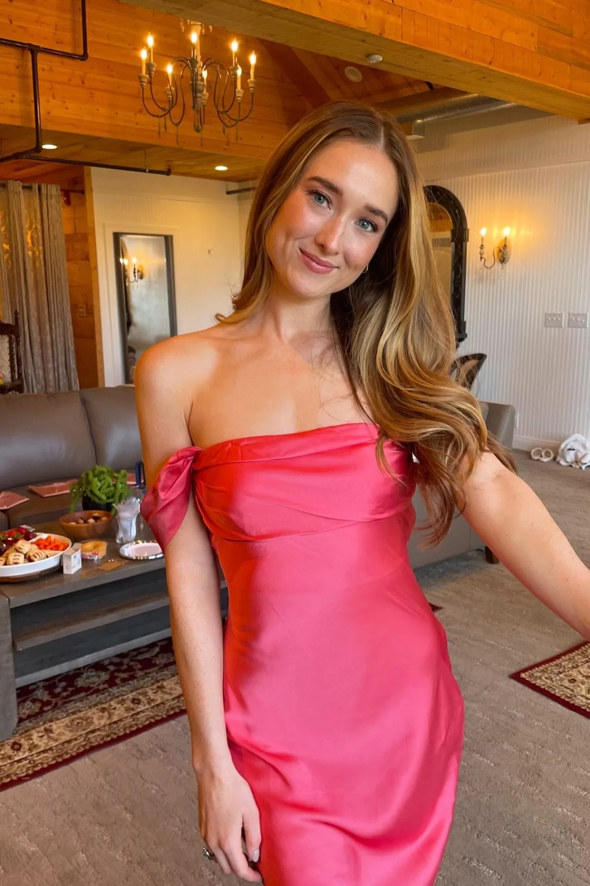 Marquina | Off the Shoulder Coral Mermaid Satin Long Party Dress sold by KissProm product image thumbnail 4