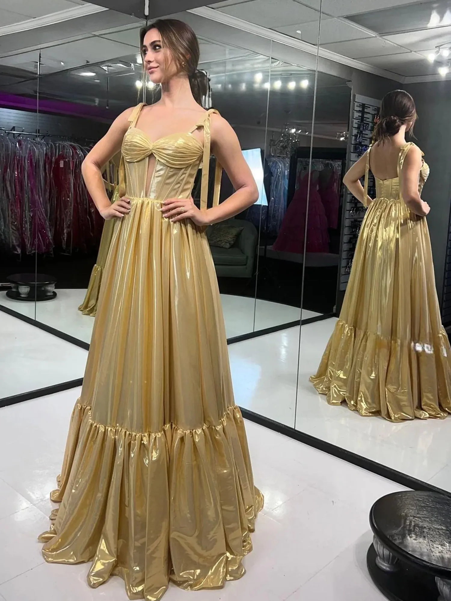 Halston | Bow Straps Gold Metallic A-line Long Formal Dress sold by KissProm