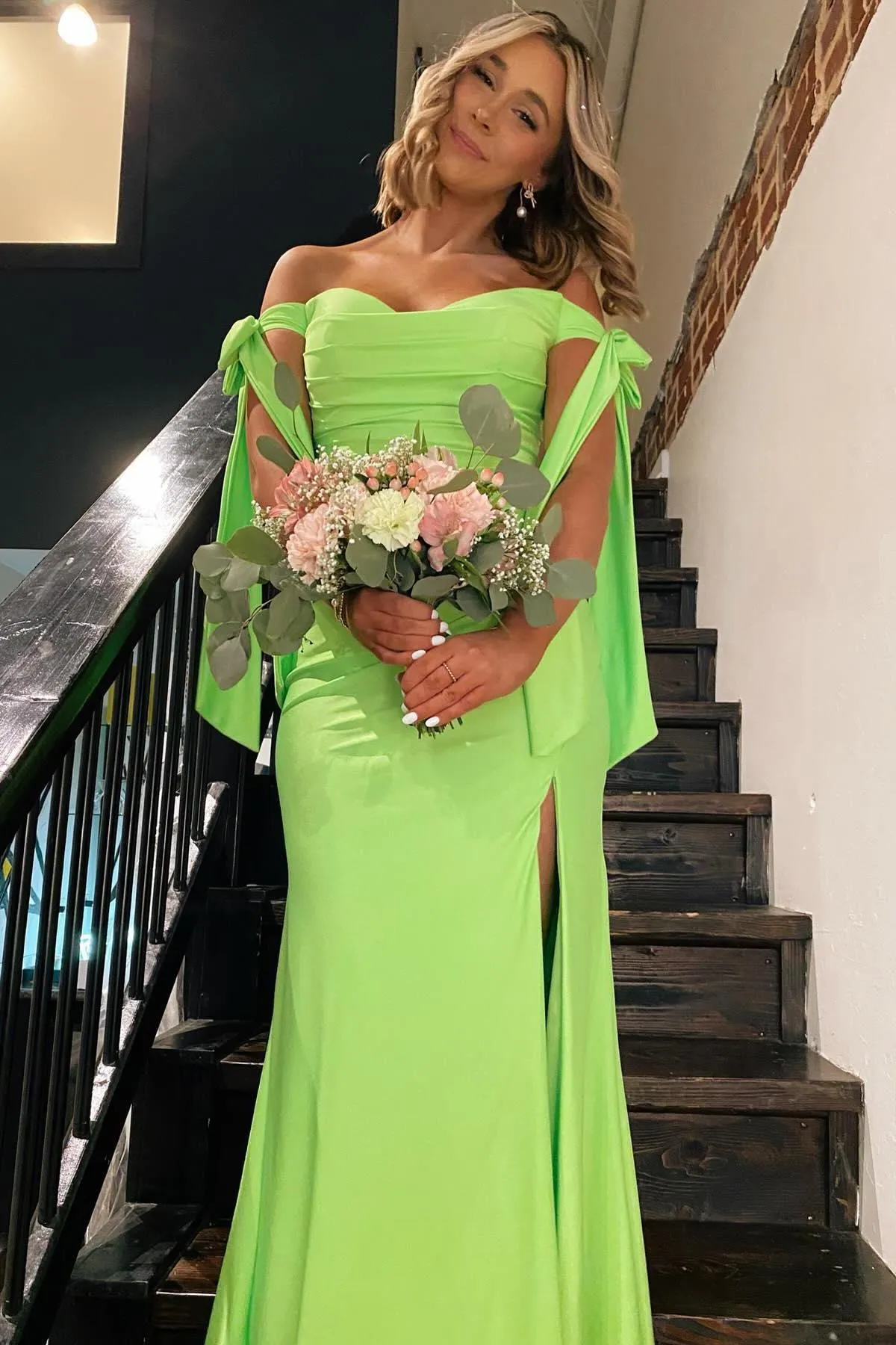 Lincoln | Off the Shoulder Lemon Green Ruched Mermaid Long Formal Dress sold by KissProm product image thumbnail 2