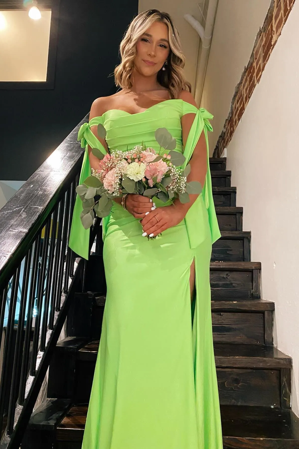 Lincoln | Off the Shoulder Lemon Green Ruched Mermaid Long Formal Dress sold by KissProm
