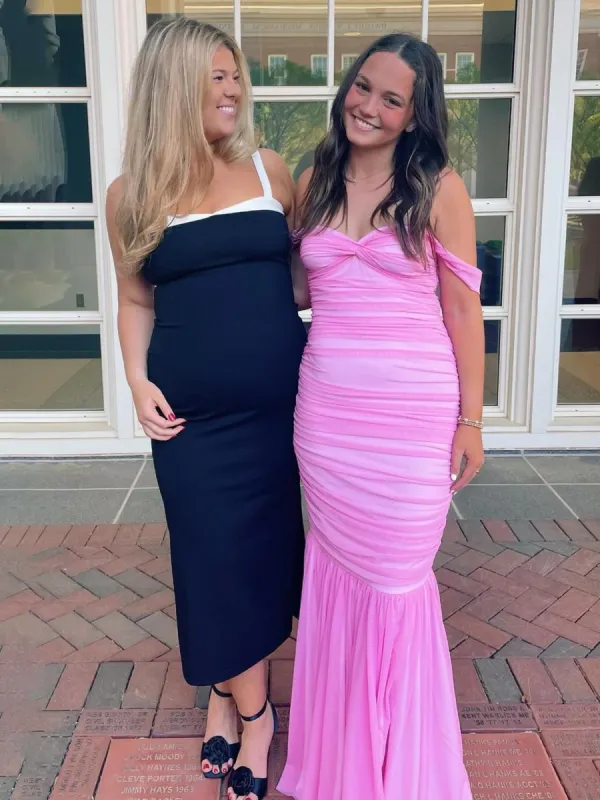 Sadia | Off Shoulder Pink Ruched Long Prom Dress with Ruffle Hem sold by KissProm