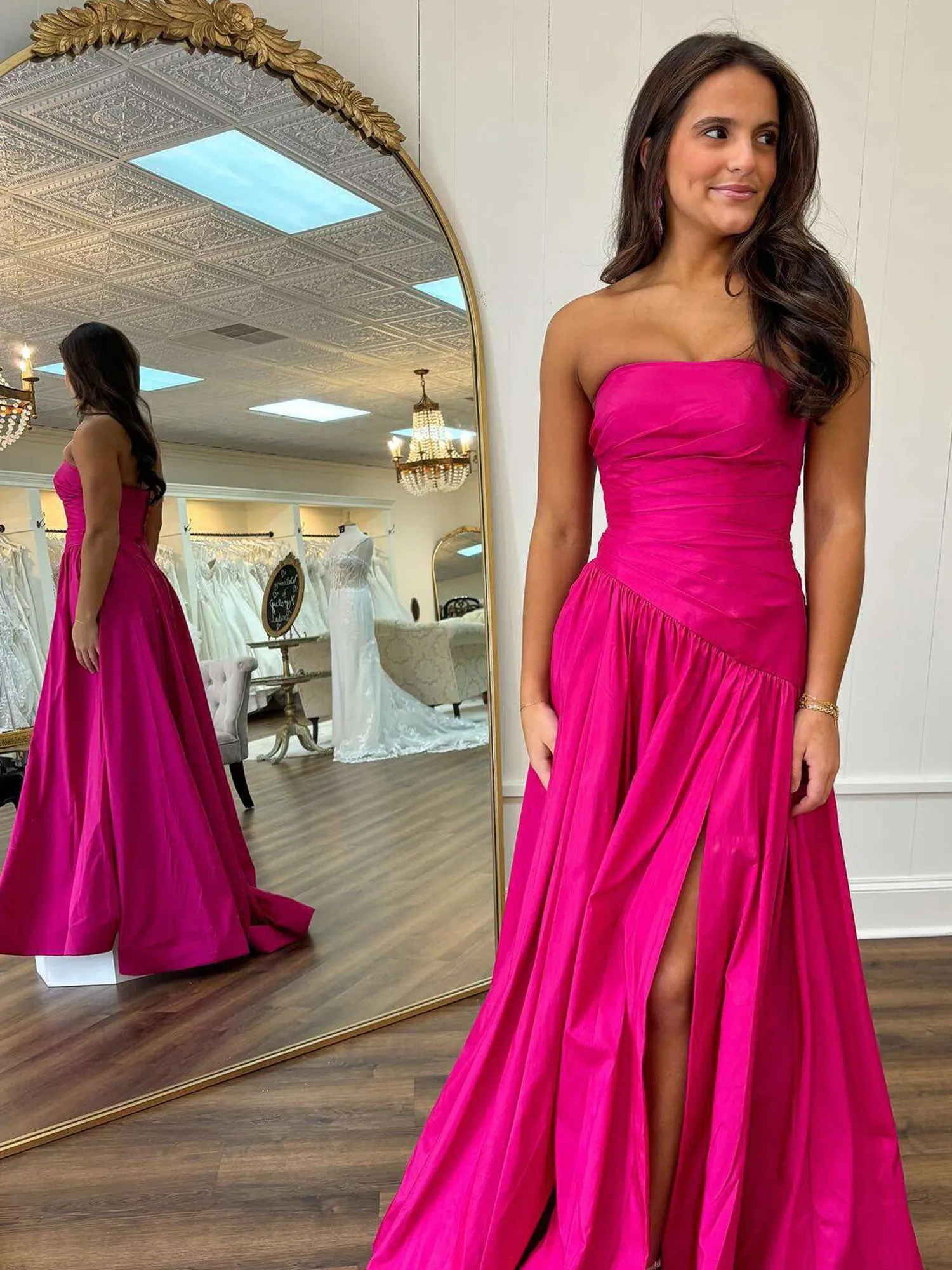 Beth | Fuchsia Strapless Taffeta A-line Long Formal Dress sold by KissProm product image thumbnail 2