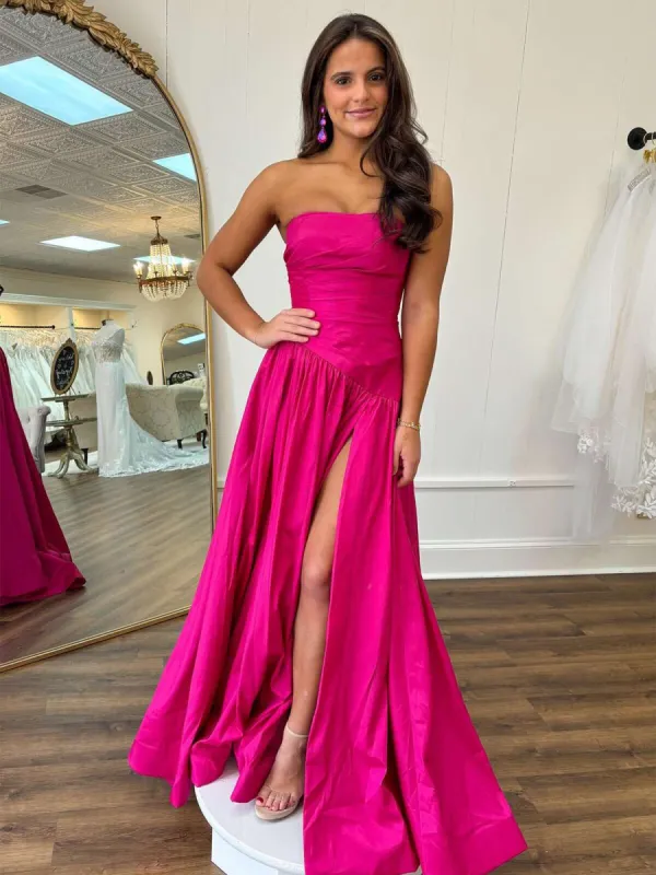 Beth | Fuchsia Strapless Taffeta A-line Long Formal Dress sold by KissProm