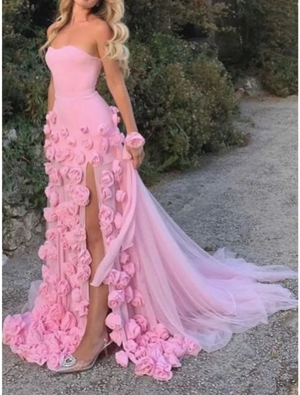 A line Sexy Sweetheart Sleeveless Pink Slit Flowers Prom Dress sold by KissProm