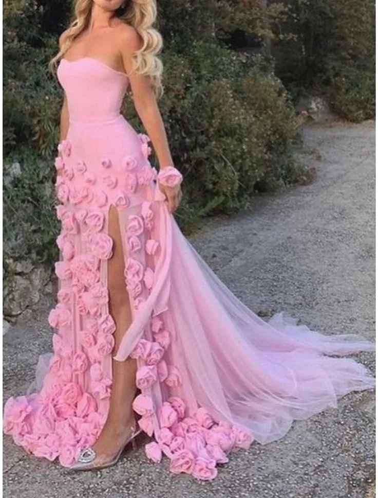 A line Sexy Sweetheart Sleeveless Pink Slit Flowers Prom Dress sold by KissProm