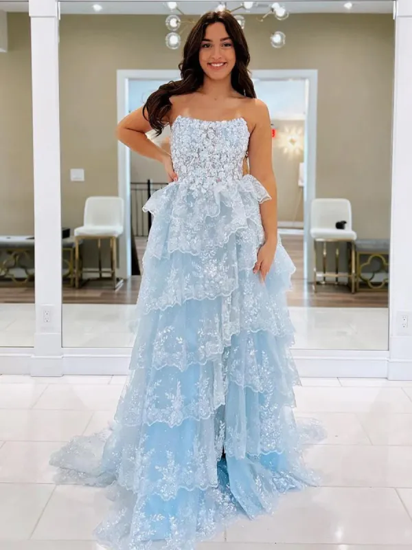 Kaisa | Sky Blue A Line Strapless Ruffle Sequin Lace Prom Dresses sold by KissProm