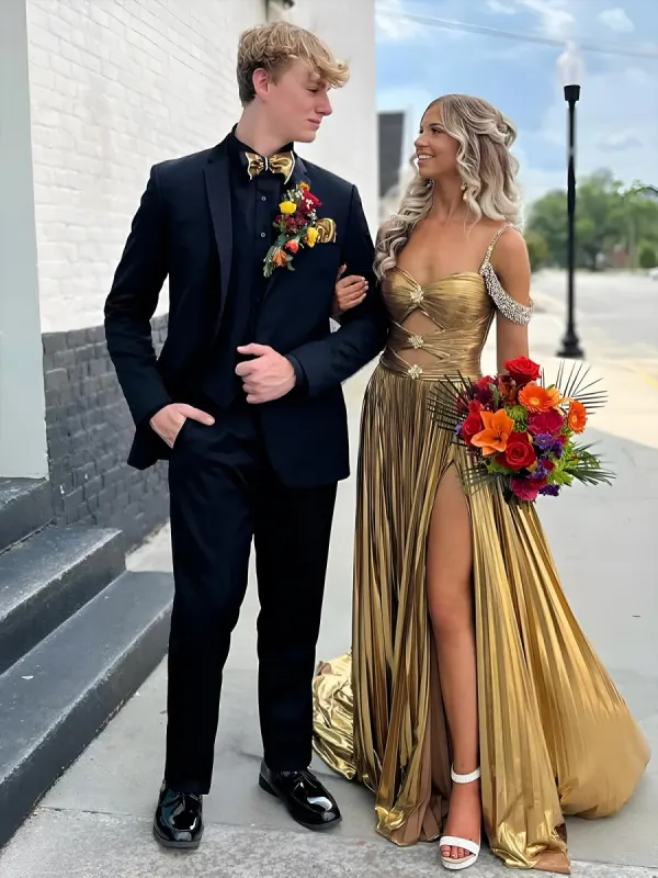 Lulu | Off the Shoulder Gold A-Line Metallic Pleated Long Formal Gown sold by KissProm