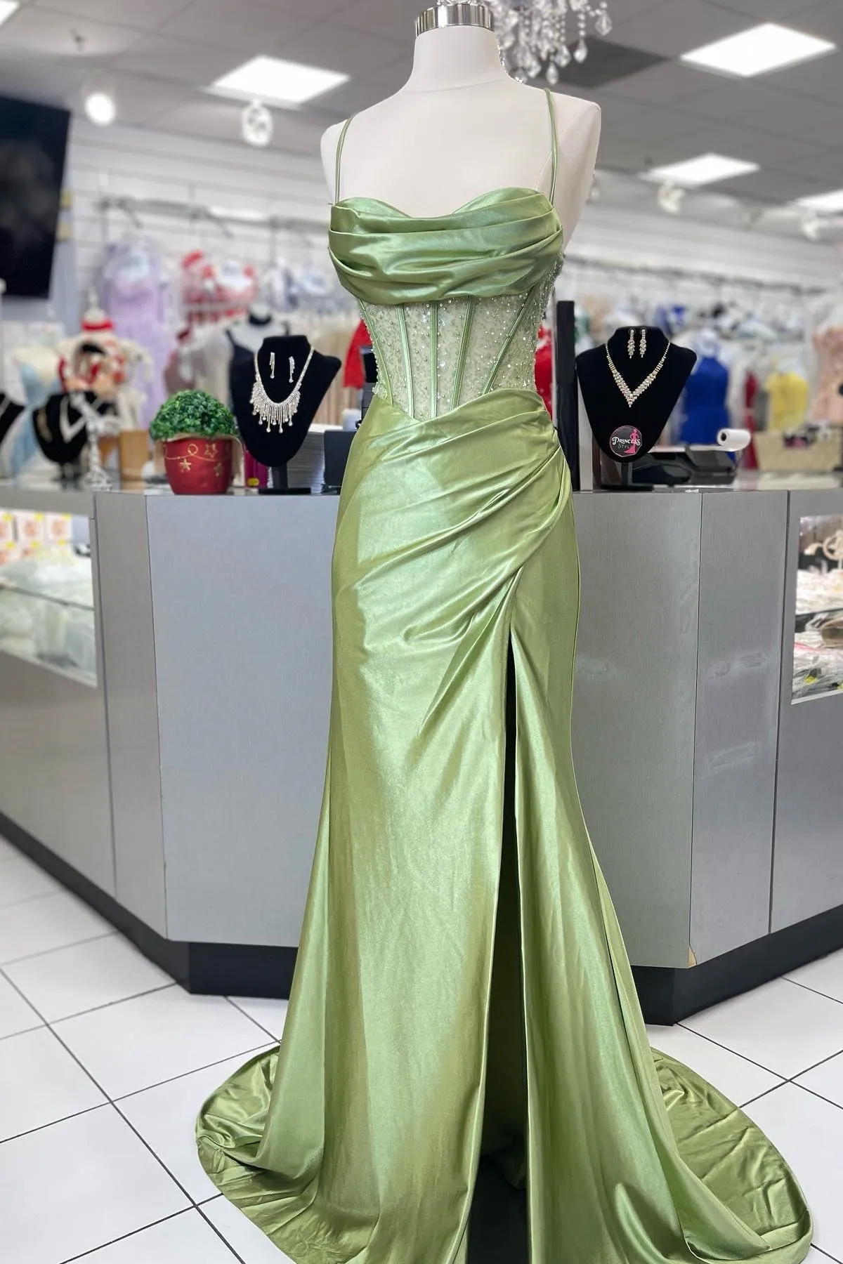Jeni | Sage Scoop Neck Satin Mermaid Long Prom Dress with Slit sold by KissProm