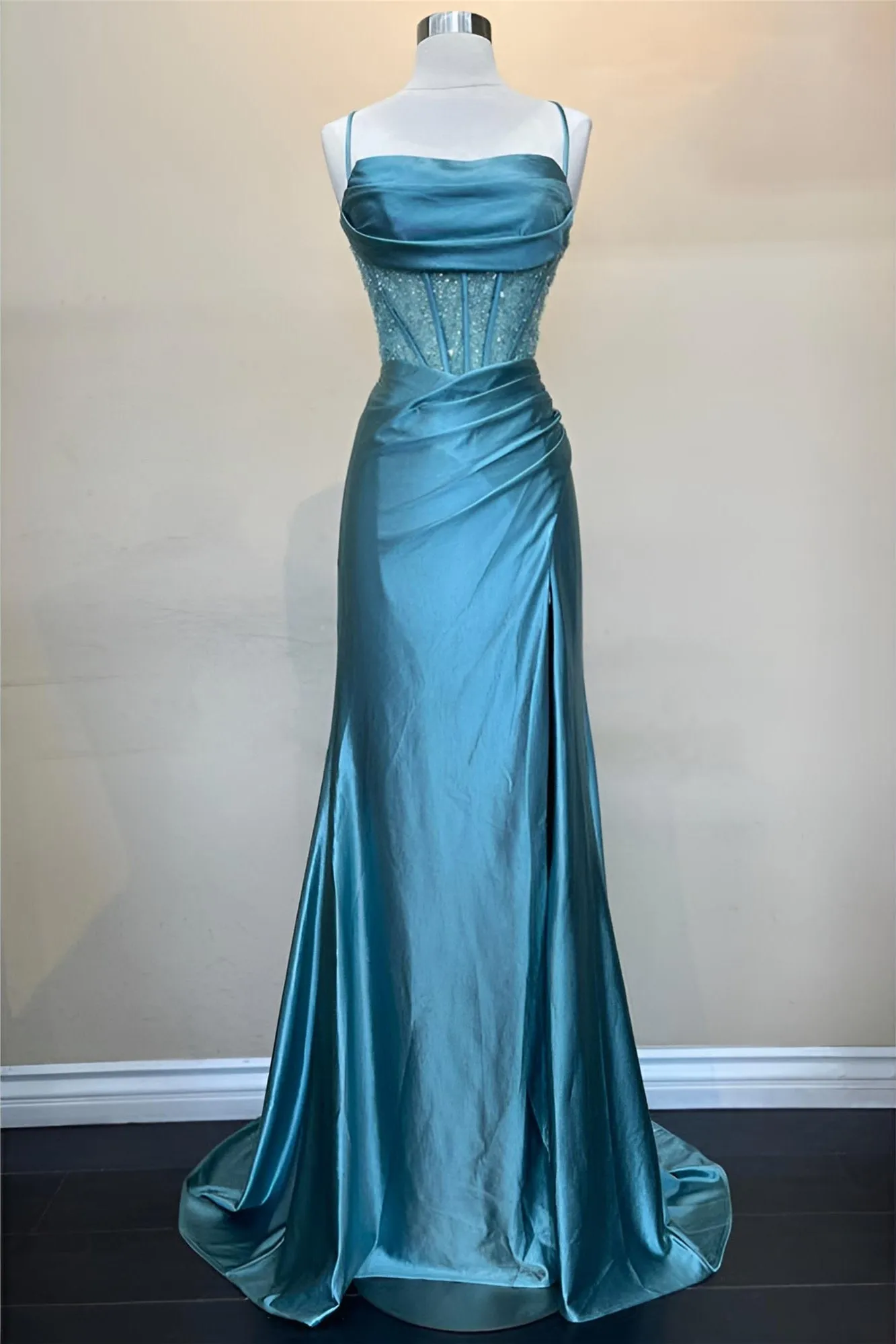 Jeni | Sage Scoop Neck Satin Mermaid Long Prom Dress with Slit sold by KissProm product image thumbnail 5