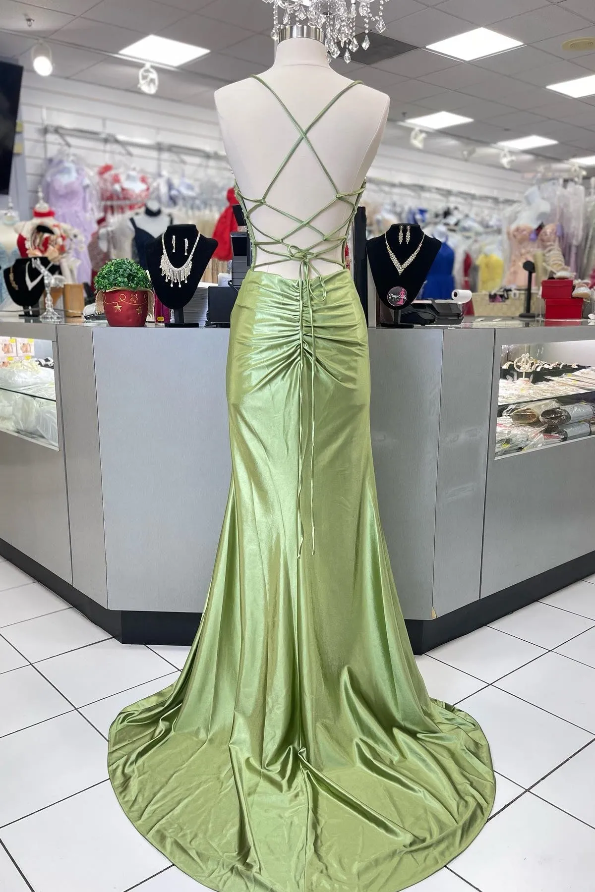 Jeni | Sage Scoop Neck Satin Mermaid Long Prom Dress with Slit sold by KissProm product image thumbnail 2