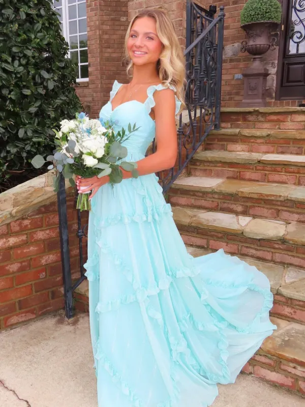 Hubery | A-Line Straps Sky Blue Chiffon Ruffles Long Prom Dress sold by KissProm