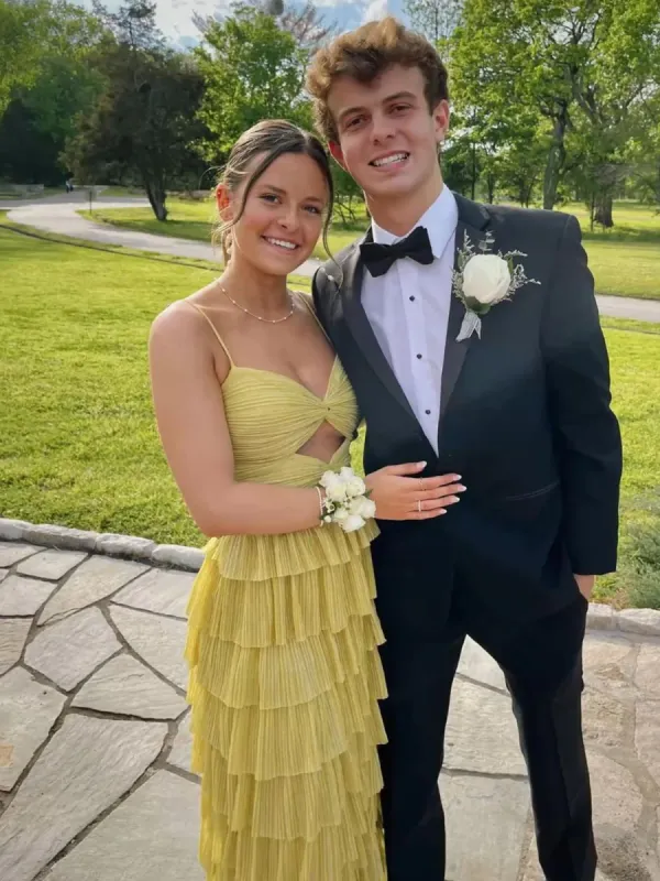 Curitis | Spaghetti Straps Yellow Keyhole Tiered Ruffle Long Formal Dress sold by KissProm