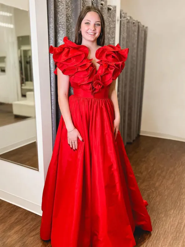 Arden | Red Ruffle V Neck Satin A-Line Long Prom Dresses sold by KissProm