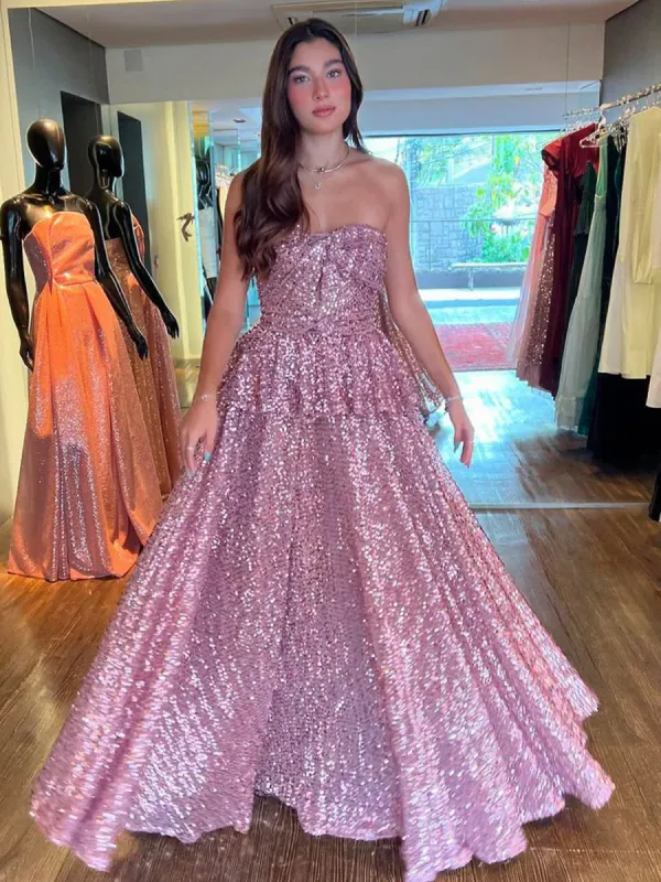 Lyricism | Blush Pink Strapless A-Line Sequins Long Prom Dresses sold by KissProm
