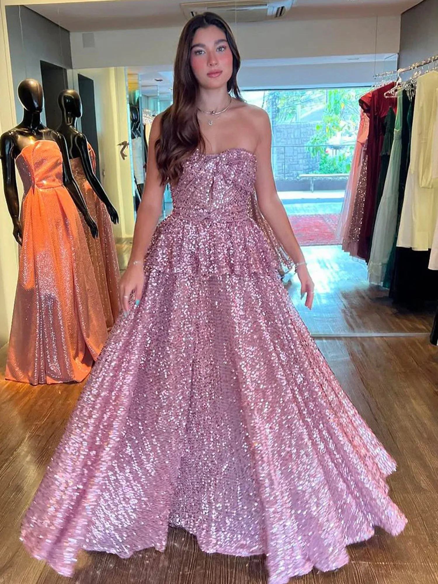 Lyricism | Blush Pink Strapless A-Line Sequins Long Prom Dresses sold by KissProm
