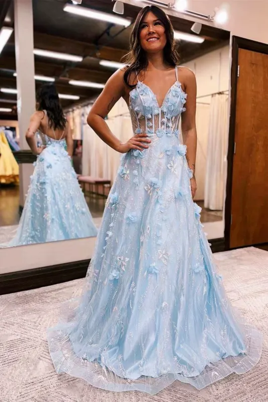 Luminea | Light Blue 3D Flower Lace V-Neck A-Line Long Prom Dress sold by KissProm