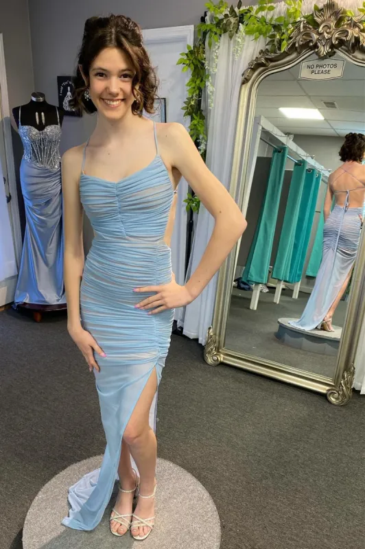 Montana | Lace-Up Back Mermaid Ruched Maxi Dress with Slit in Light Blue sold by KissProm