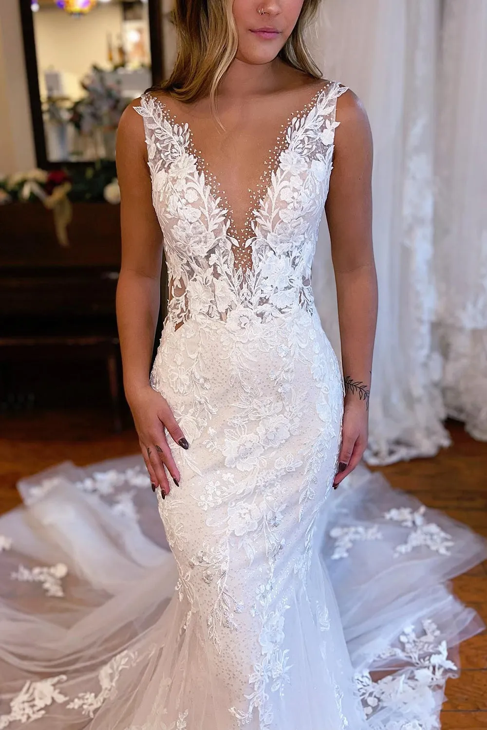 Violeta | White V-Neck Mermaid Long Lace Wedding Dress sold by KissProm product image thumbnail 3