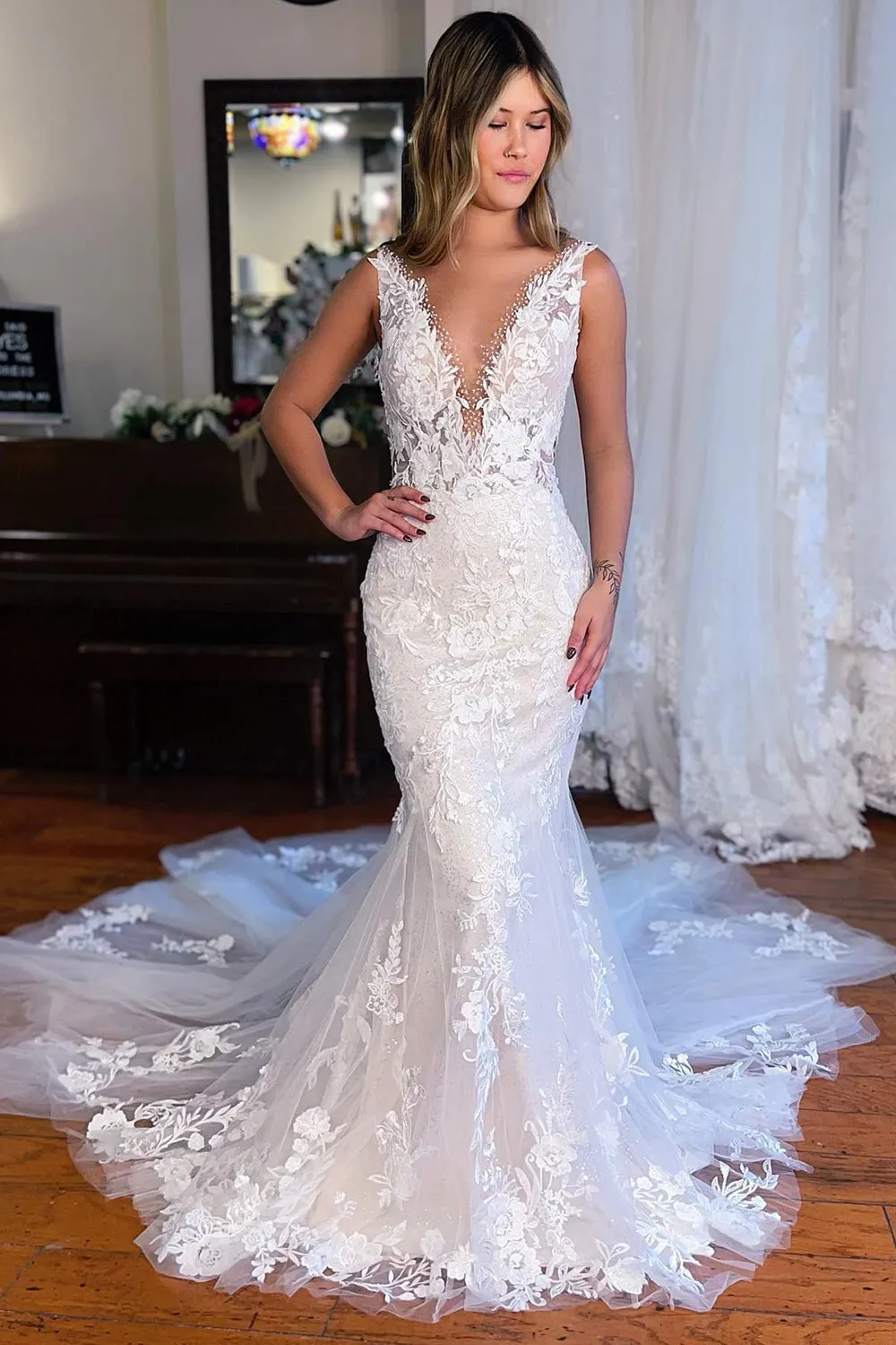 Violeta | White V-Neck Mermaid Long Lace Wedding Dress sold by KissProm