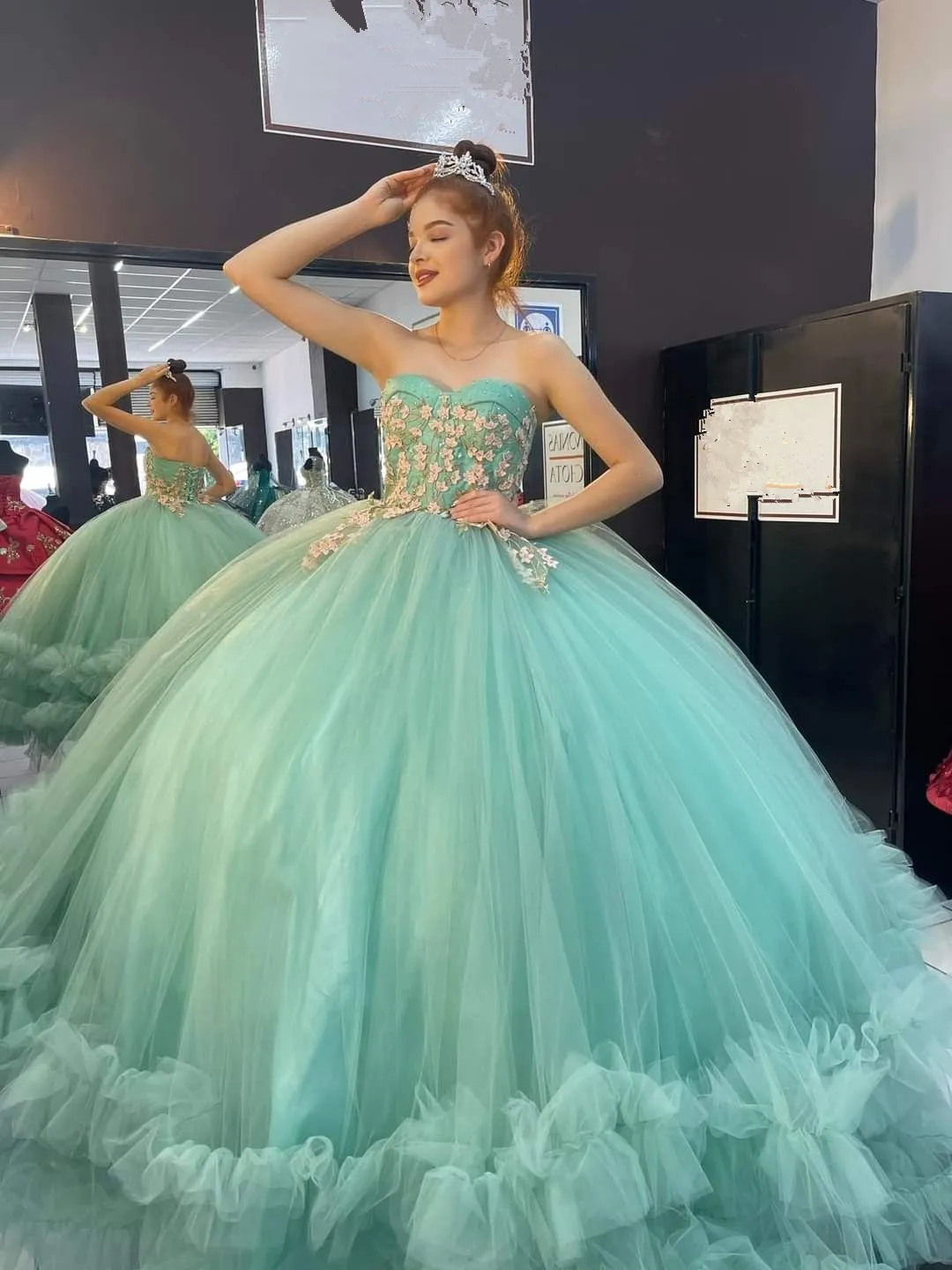 Strapless Tulle Ball Gown Quinceanera Dress Light Green sold by KissProm