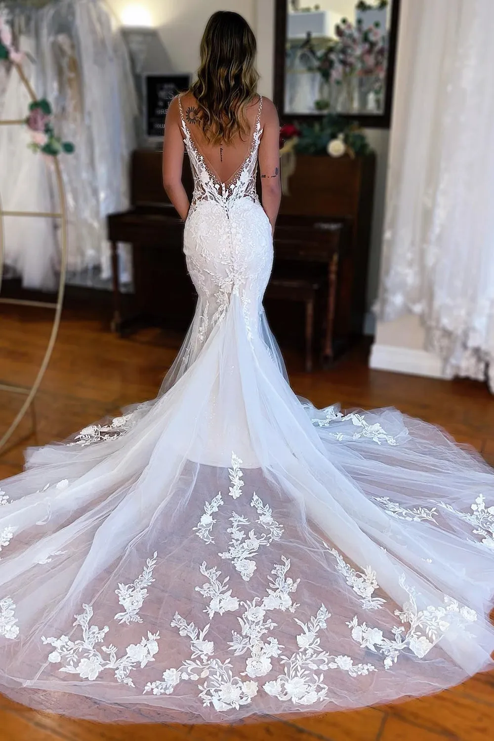 Violeta | White V-Neck Mermaid Long Lace Wedding Dress sold by KissProm product image thumbnail 2