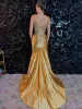 Oren | Mermaid Gold Satin Corset Long Prom Dresses with Slit sold by KissProm