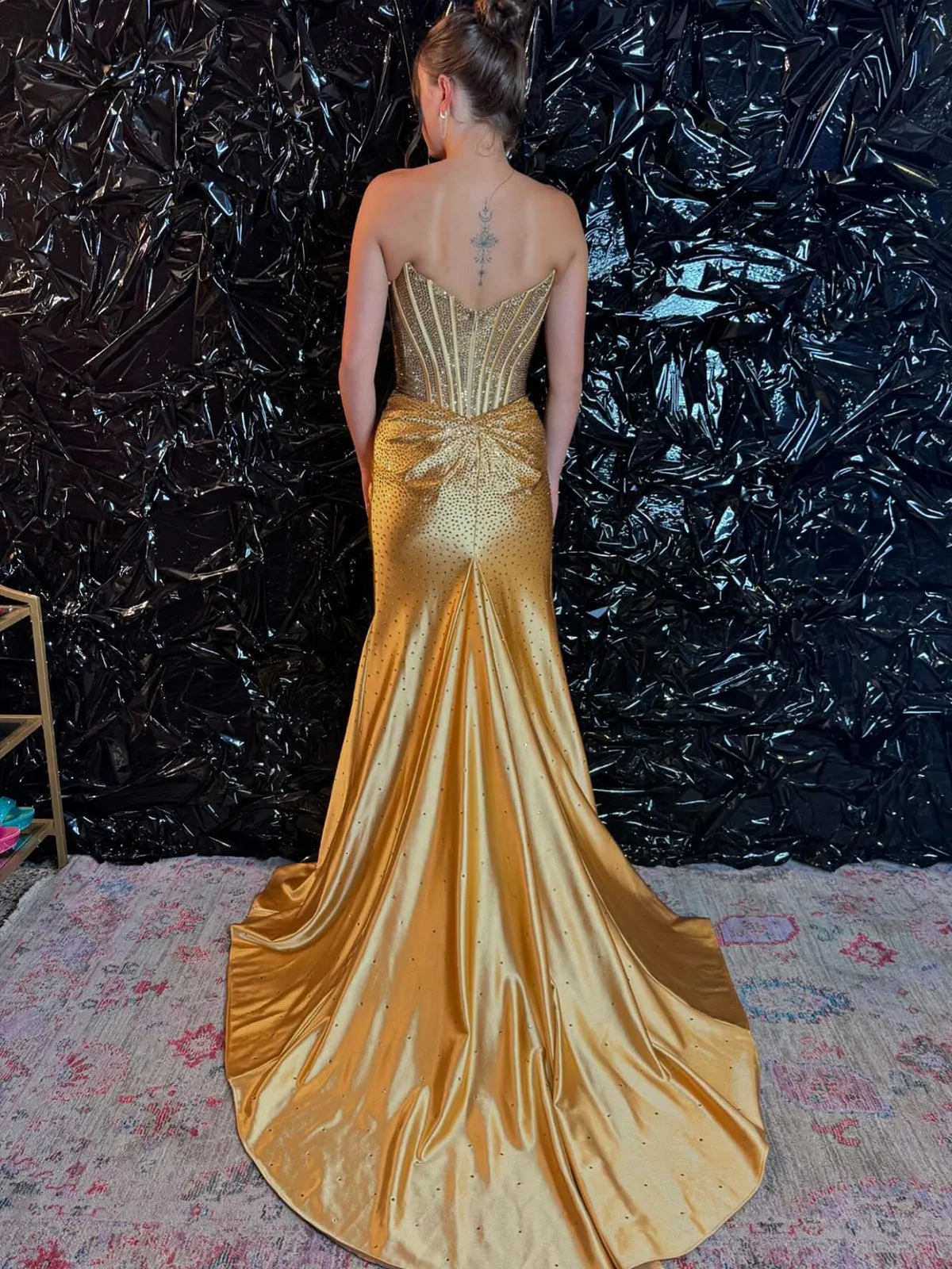 Oren | Mermaid Gold Satin Corset Long Prom Dresses with Slit sold by KissProm product image thumbnail 2
