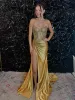 Oren | Mermaid Gold Satin Corset Long Prom Dresses with Slit sold by KissProm