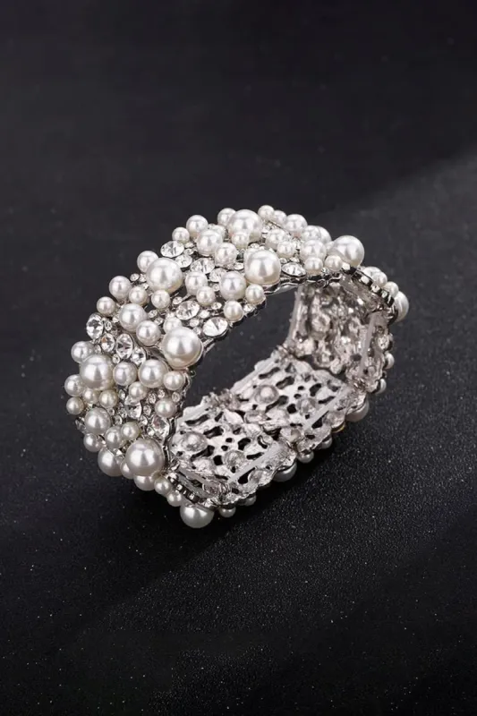 Silver Pearl Stretch Bracelets with Rhinestone sold by KissProm