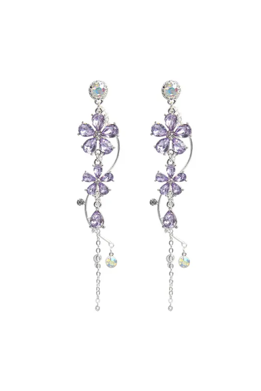 Silver Long Flower Earrings Purple Rhinestones sold by KissProm