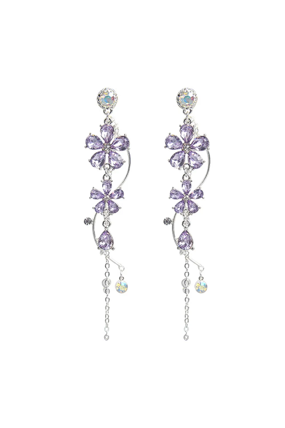 Silver Long Flower Earrings Purple Rhinestones sold by KissProm