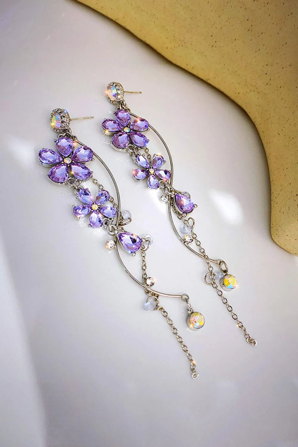 Silver Long Flower Earrings Purple Rhinestones sold by KissProm product image thumbnail 2