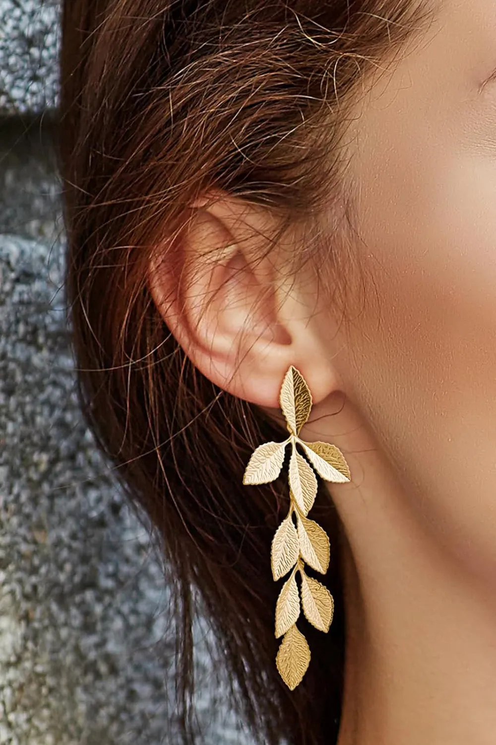 Gold Long Leaf Stud Earrings sold by KissProm product image thumbnail 2