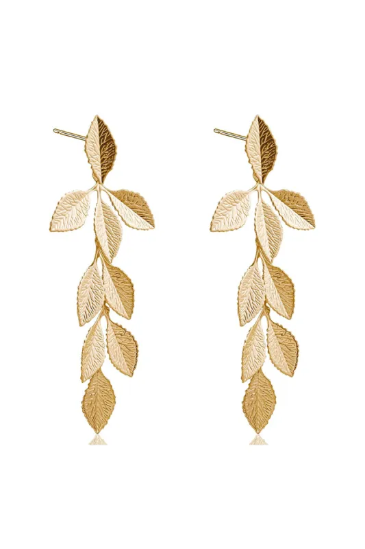 Gold Long Leaf Stud Earrings sold by KissProm