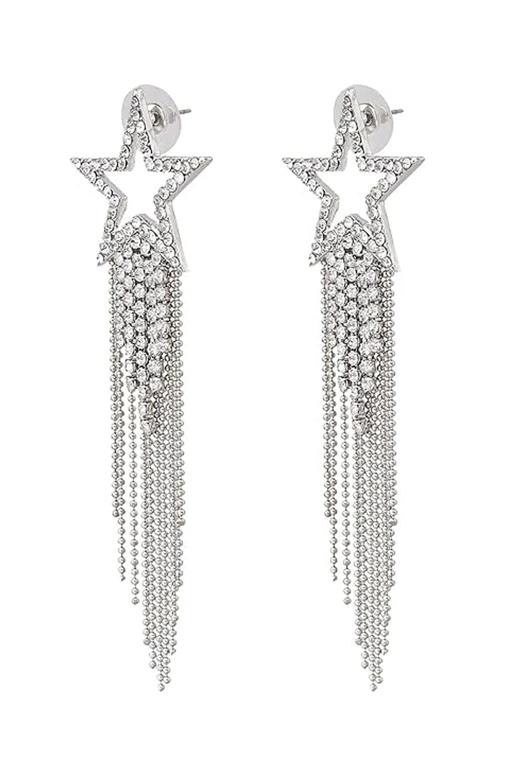 Silver Star Beaded Drop Tassel Earrings sold by KissProm