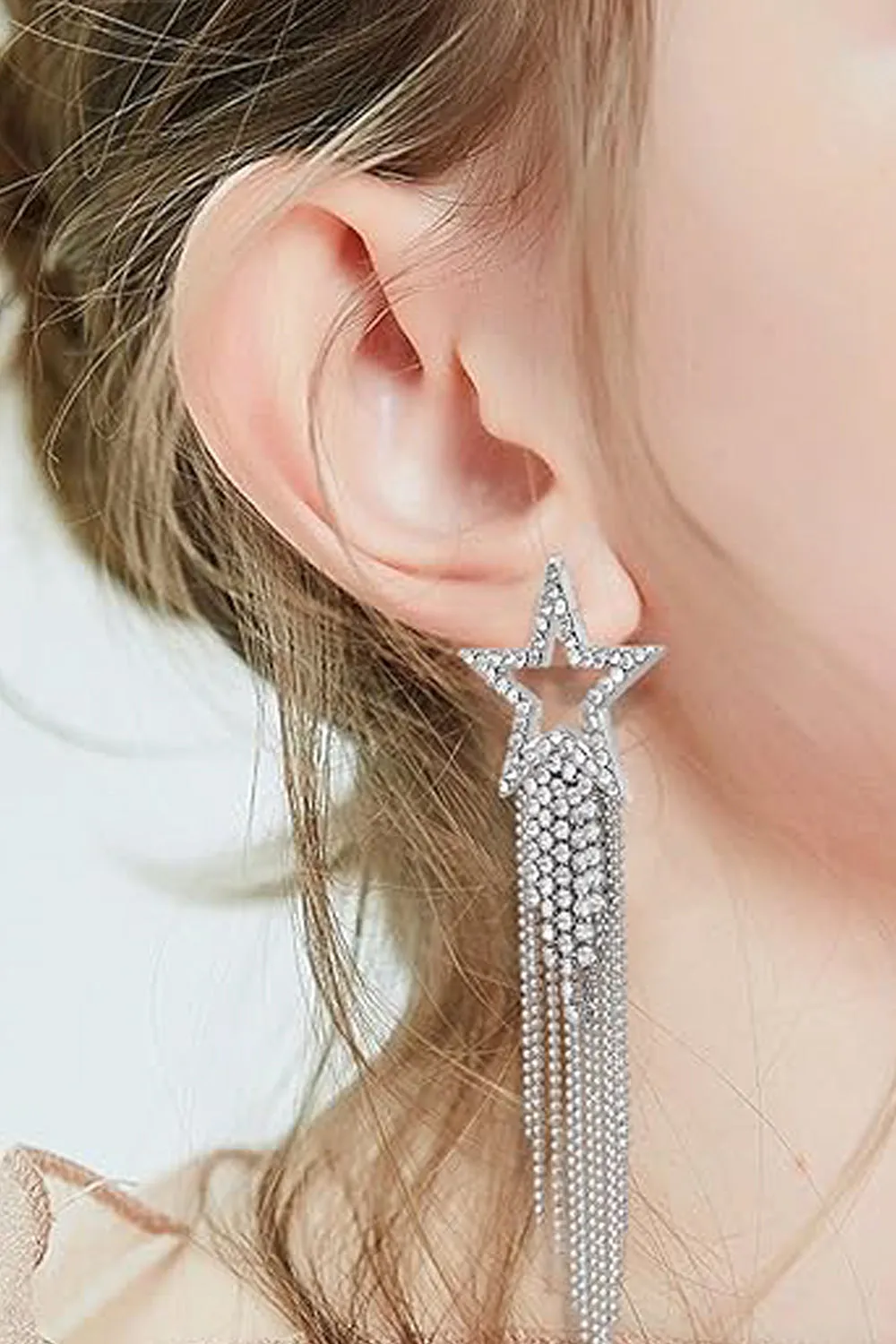 Silver Star Beaded Drop Tassel Earrings sold by KissProm product image thumbnail 3