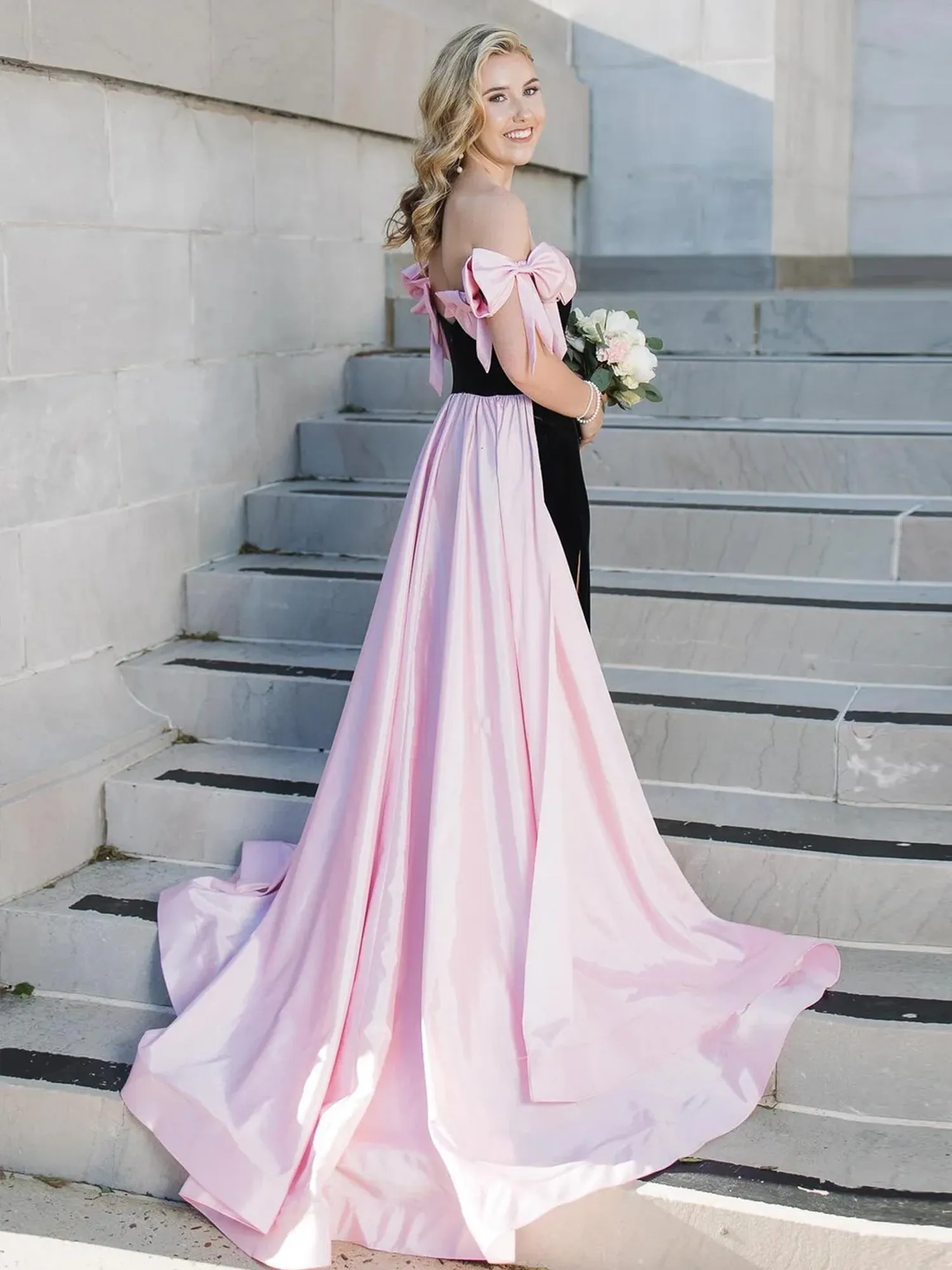 Zia | Off the Shoulder Pink Mermaid Long Velvet Prom Dress with Bows sold by KissProm