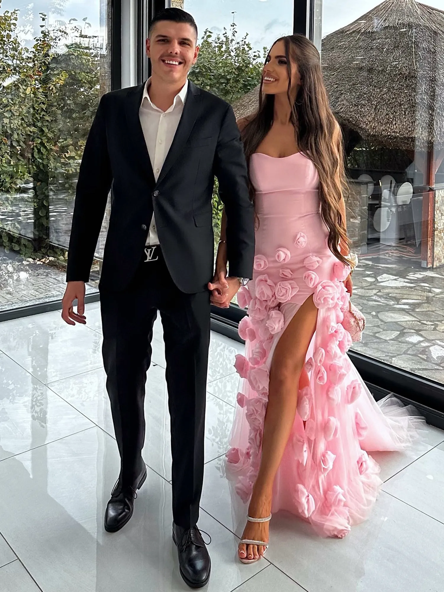 A line Sexy Strapless Sleeveless Pink Slit Flowers Prom Dress sold by KissProm product image thumbnail 4