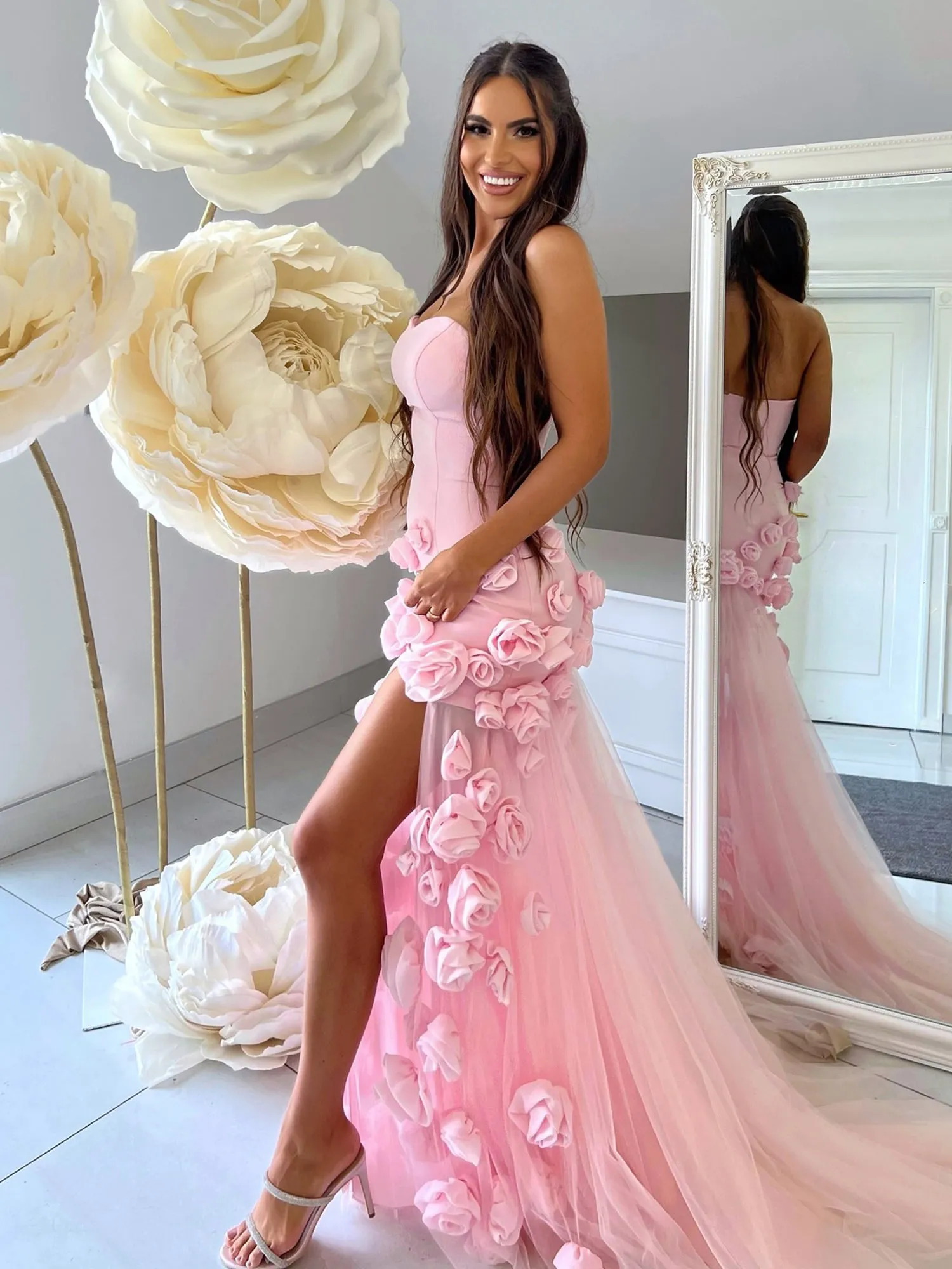 A line Sexy Strapless Sleeveless Pink Slit Flowers Prom Dress sold by KissProm product image thumbnail 5