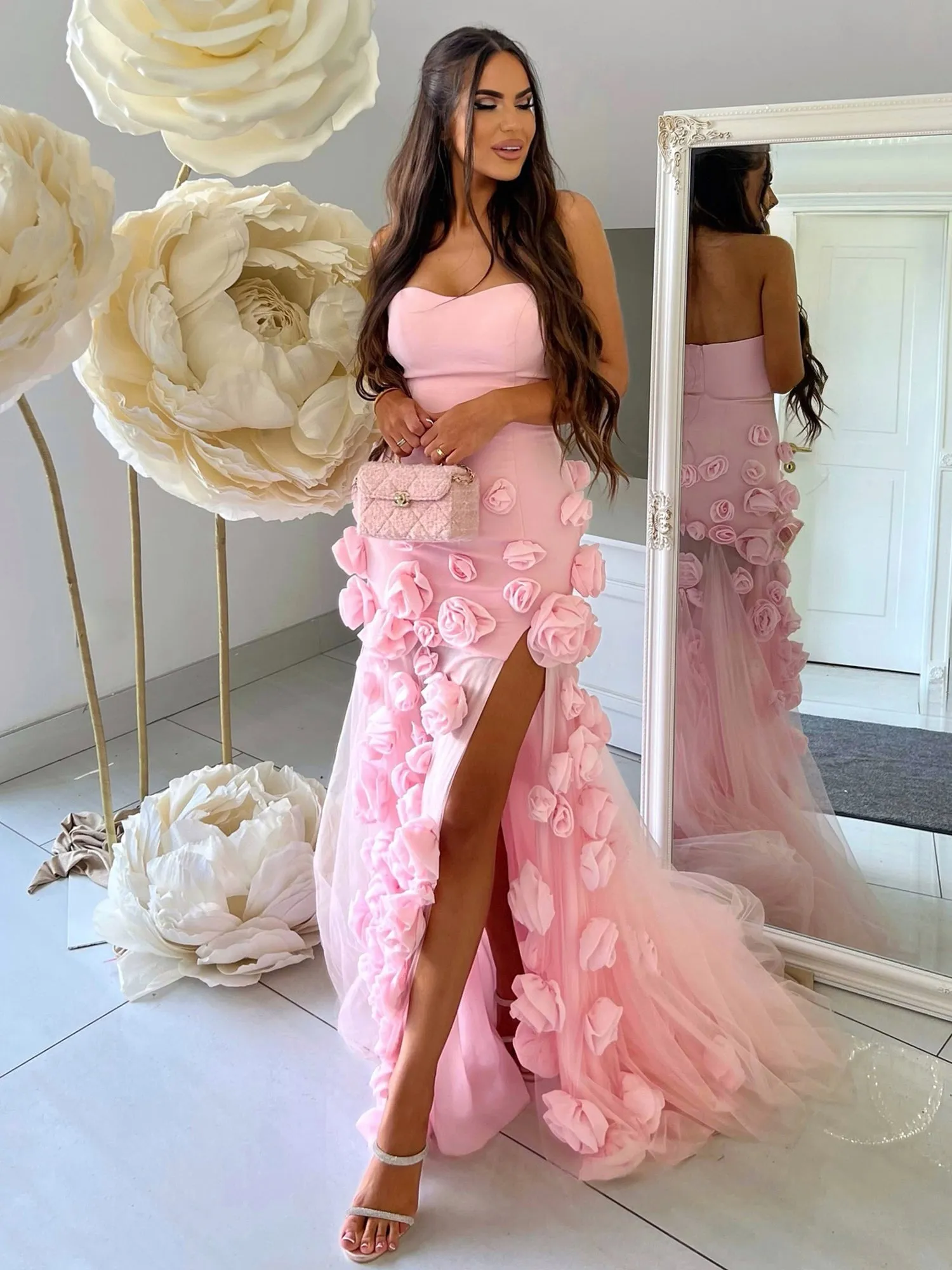 A line Sexy Strapless Sleeveless Pink Slit Flowers Prom Dress sold by KissProm product image thumbnail 2