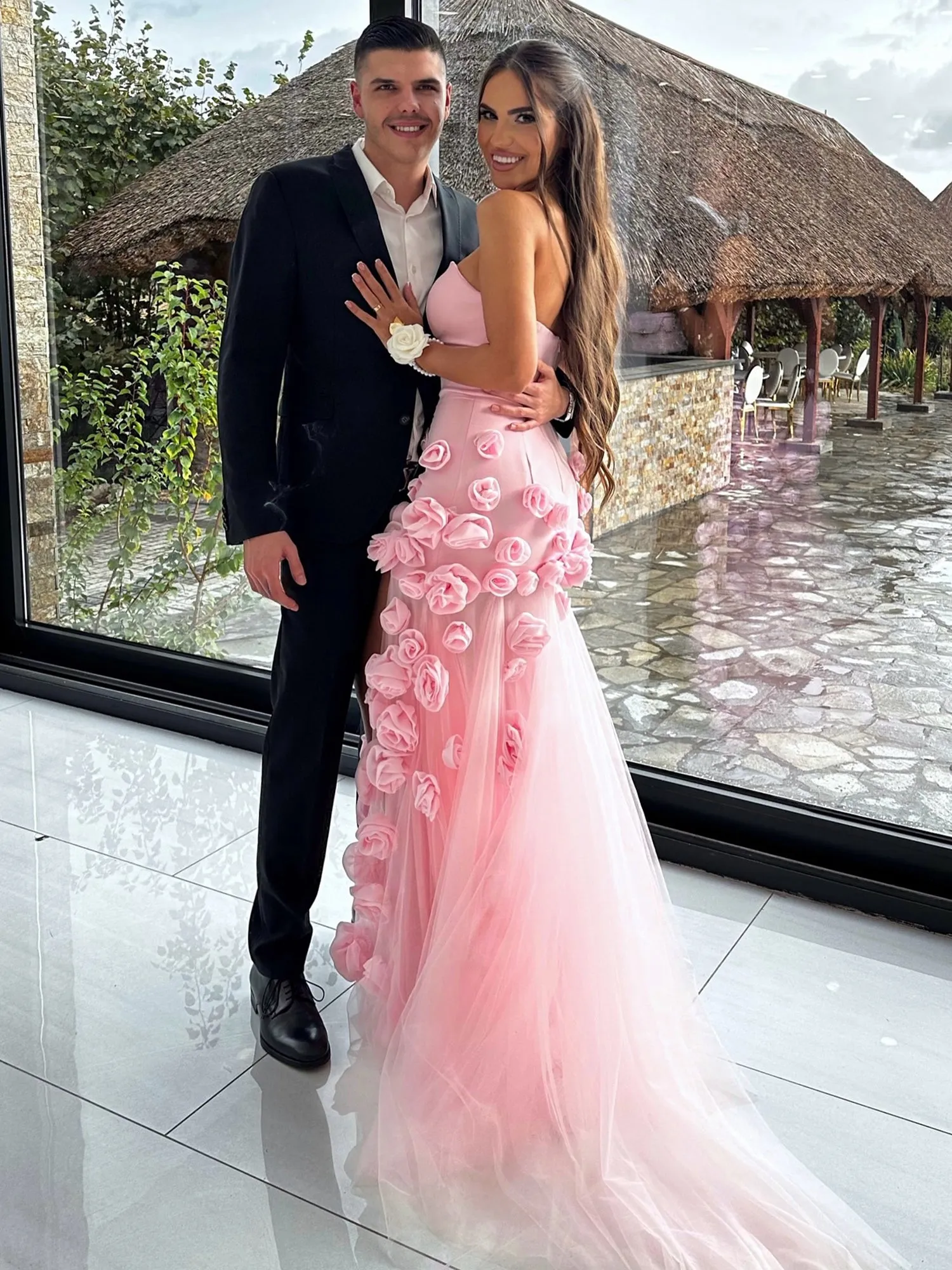 A line Sexy Strapless Sleeveless Pink Slit Flowers Prom Dress sold by KissProm product image thumbnail 3