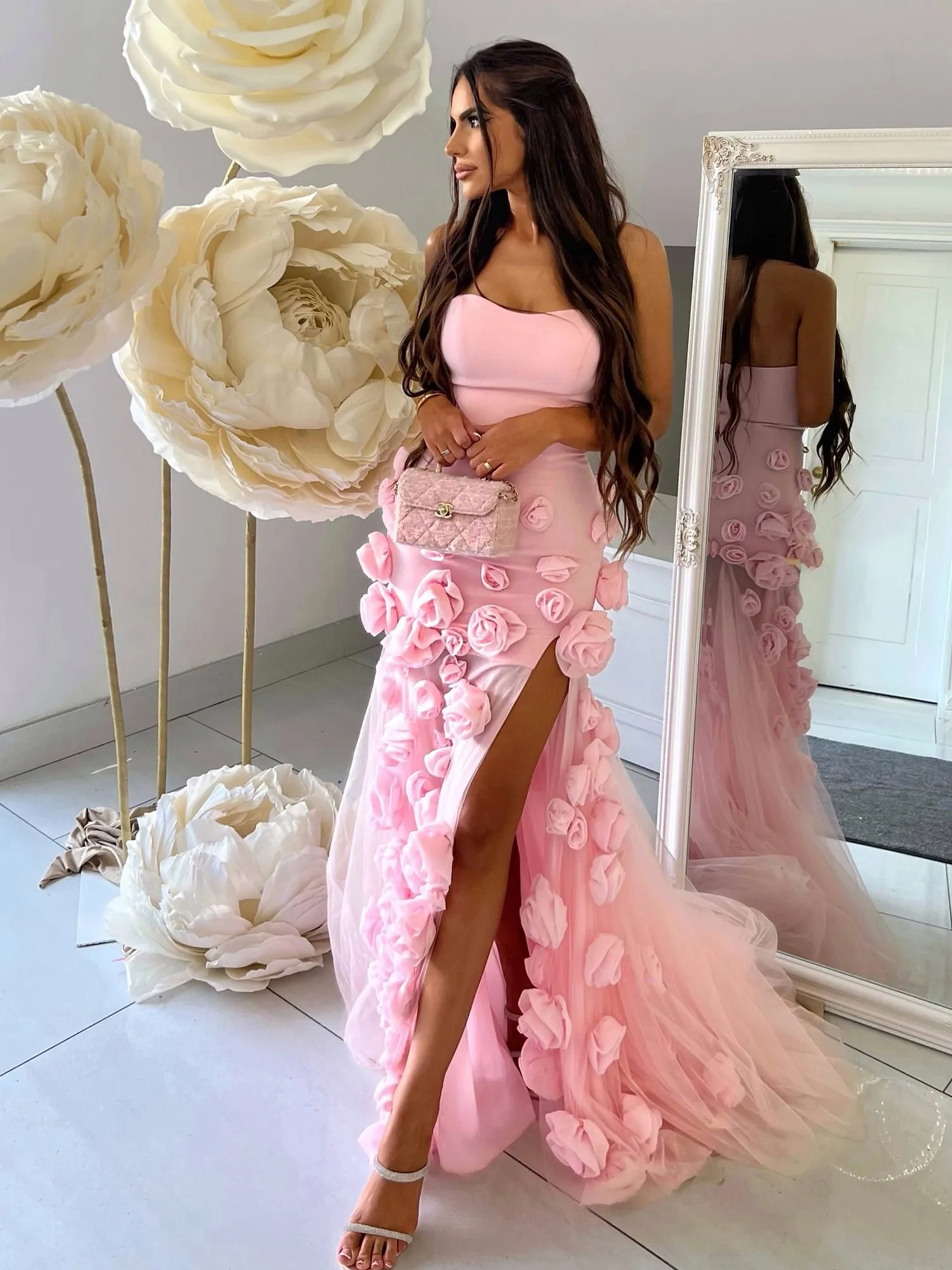 A line Sexy Strapless Sleeveless Pink Slit Flowers Prom Dress sold by KissProm