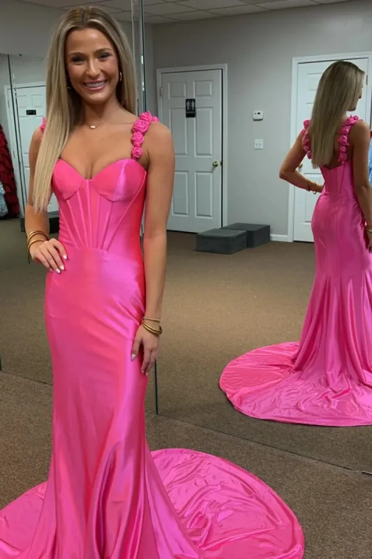 Persephone | Hot Pink Floral Straps Mermaid Satin Long Prom Dress sold by KissProm