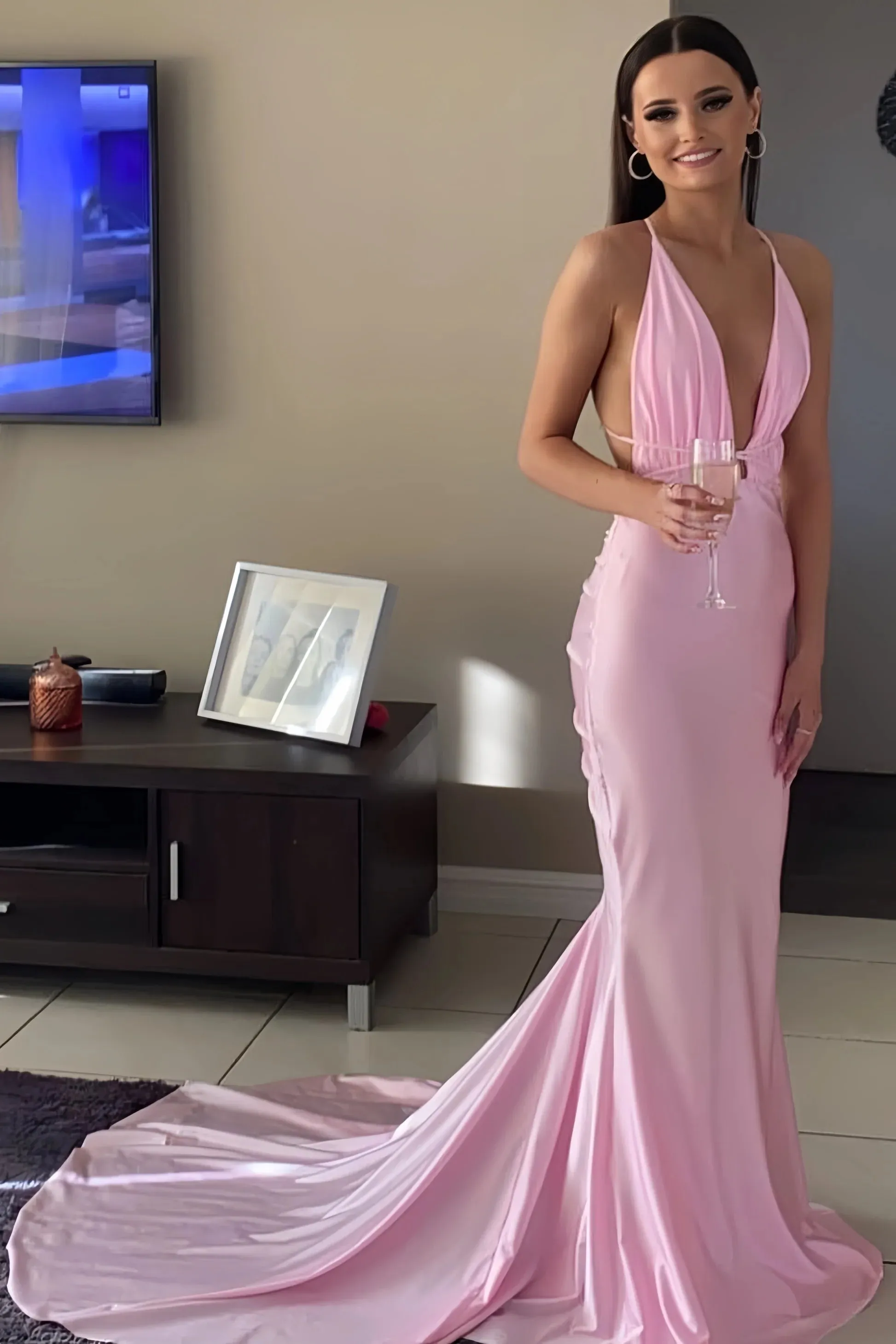 Helaina | Plunge Neck Light Pink Mermaid Satin Long Prom Dress sold by KissProm