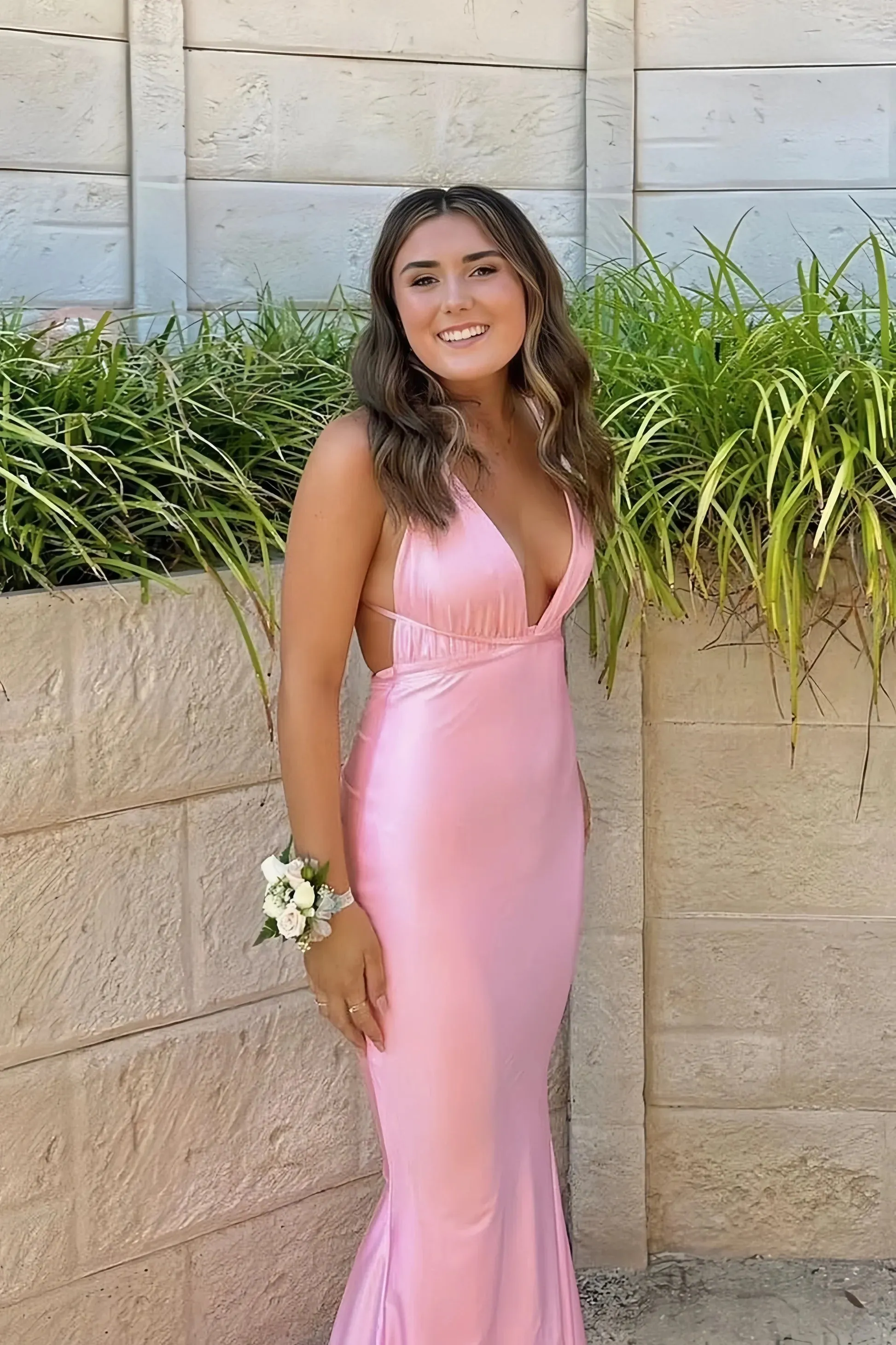 Helaina | Plunge Neck Light Pink Mermaid Satin Long Prom Dress sold by KissProm product image thumbnail 4